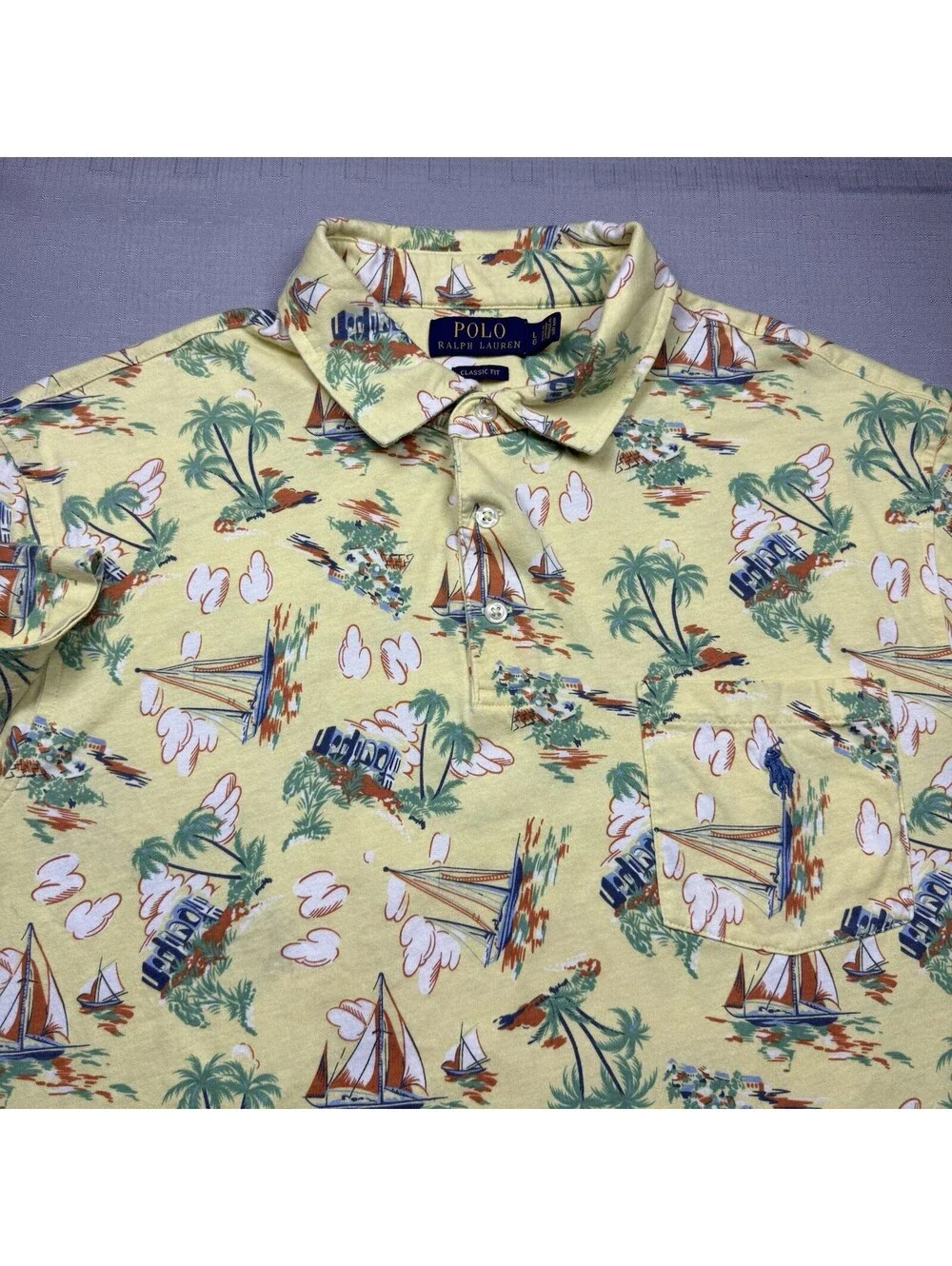 Polo Ralph Lauren Polo Shirt Mens Size L  Yellow Tropical Island Sailboat Print